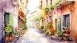 Bring romance alive in an architectural wonder, showcase a quaint, cobblestone street lined with vibrant, pastel-colored buildings, intertwining with lush greenery in the foreground Utilize watercolor