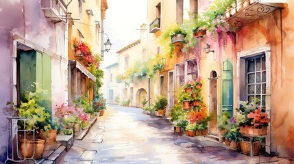 Bring romance alive in an architectural wonder, showcase a quaint, cobblestone street lined with vibrant, pastel-colored buildings, intertwining with lush greenery in the foreground Utilize watercolor