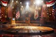 Detailed setup of politics-themed elements, including podiums, posters, and flags on a wooden backdrop.