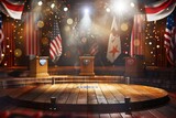 Fototapeta  - Detailed setup of politics-themed elements, including podiums, posters, and flags on a wooden backdrop.