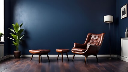  Modern interior of living room with leather armchair on wood flooring and dark blue wall 