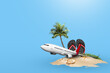Beach and flying airplane on a colored background. Ready for traveling