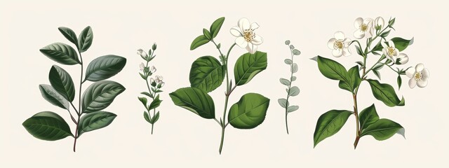 Wall Mural - Elegant botanical illustrations of flowers, leaves, or herbs for botanical-themed designs or packaging.