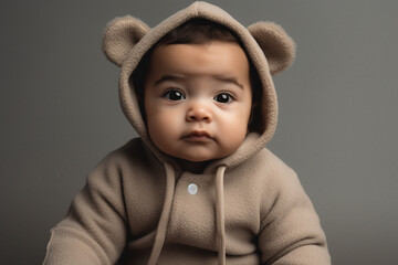 Canvas Print - A baby boy with big brown eyes and chubby cheeks, wearing a bear onesie, sitting against a soft gray background.