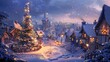A snow-covered village with twinkling lights and a giant Christmas tree. cartoons. Illustrations