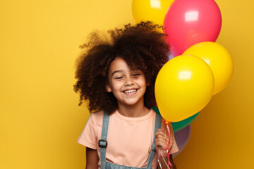 Wall Mural - imagine A little girl with curly hair and a joyful expression, holding a bunch of colorful balloons against a bright yellow backdrop.