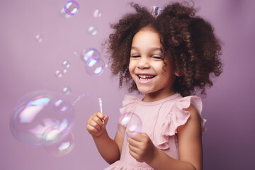 Wall Mural - imagine A little girl with curly hair and a bright smile, wearing a frilly pink dress, blowing bubbles against a pastel purple backdrop.