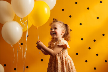Wall Mural - A giggling toddler girl in a polka dot dress, holding a bunch of colorful balloons, standing against a sunny yellow backdrop.