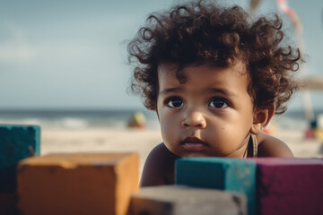 Canvas Print - imagine A toddler with messy hair and curious eyes, sitting against a calming ocean blue background, playing with colorful blocks.