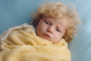 Wall Mural - imagine A sleepy baby boy with tousled hair, wrapped in a soft yellow blanket, lying against a pale blue background.