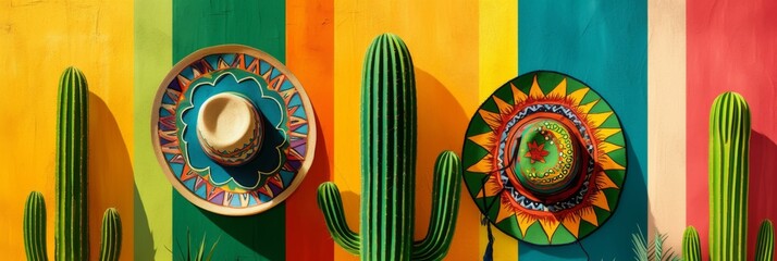 Wall Mural - Cactus with traditional mexican sombrero hat on bright colorful striped background. Cinco de Mayo. Viva Mexico. Traditional latin holiday, party or fiesta funny creative concept. Copy space