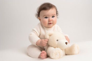 Poster - imagine A baby girl with chubby cheeks and tiny fingers, sitting against a soft, cloudy white background, holding a plush toy.