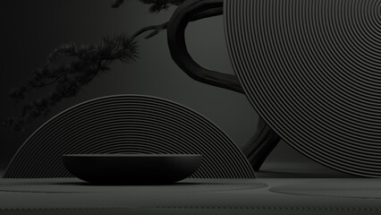 Wall Mural - japanese style abstract product background pedestal and bonsai tree black background for product pre