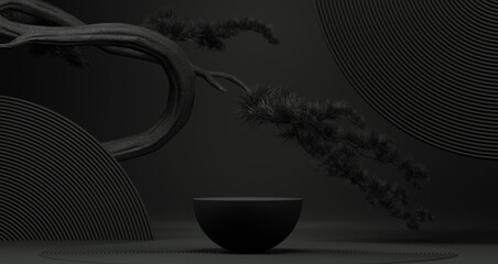 Wall Mural - japanese style abstract product background pedestal and bonsai tree black background for cosmetic, p