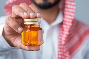 Wall Mural - Saudi Gulf Arab man wearing a shemagh and white traditional dress is holding glass bottle honey in hand on white background.