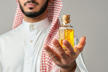 Wall Mural - Saudi Gulf Arab man wearing a shemagh and white traditional dress is holding glass bottle honey in hand on white background.