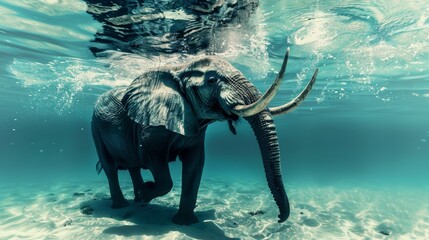Wall Mural - Swimming African Elephant Underwater. Big elephant in ocean with air bubbles and reflections on water surface. water. Illustrations