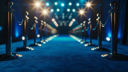 Elegant Blue Carpet Premiere Under Spotlights. Concept Red Carpet Event, Glamorous Attire, Hollywood Stars, Celebrity Photoshoot