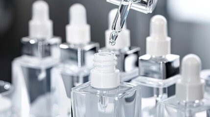 Wall Mural - Filling bottles with skincare serum, close-up, detailed precision pump and clear liquid