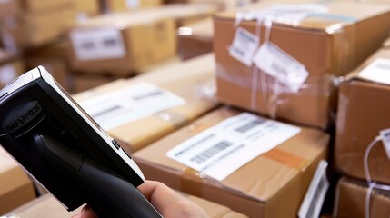 Sticker - Scanning barcodes on boxes in a warehouse, close-up, detailed handheld scanner and labels