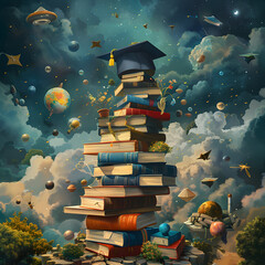 A graduation cap perched on top of a stack of textbooks with fantasy background illustration , Education and Knowledge concept