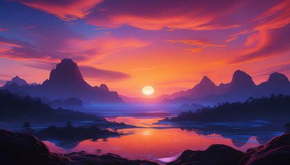 Wall Mural -  A background with silhouette landscapes against a vivid sunset, offering a dramatic