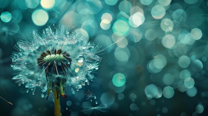 Wall Mural - Beautiful shiny dew water drop on dandelion seed in nature. Close-up macro. Sparkling bokeh. Dark blue green background. water. Illustrations