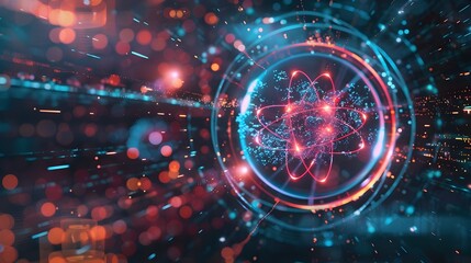 Wall Mural - glowing atomic particle explosion in futuristic digital landscape