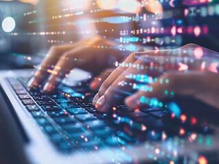 Close up of programmer typing on laptop keyboard with double exposure of abstract glowing binary code. Technology and network concept