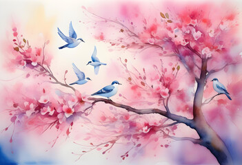 Wall Mural - A watercolor painting of a pink tree in bloom with birds flying around it