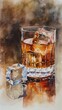 Watercolor, Whiskey glass and ice cubes, Evening relaxation, Taste and tradition, bar concept