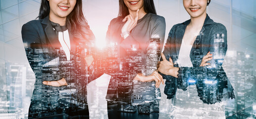 Wall Mural - double exposure image of many business people conference group meeting on city office building in ba