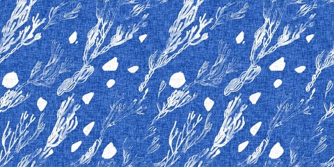 Whimsical seaweed kelp coastal electric blue beach pattern. Batik screen block print cloth effect. Playful kelp coral tropical summer background. Modern scandi underwater plant seamless design.