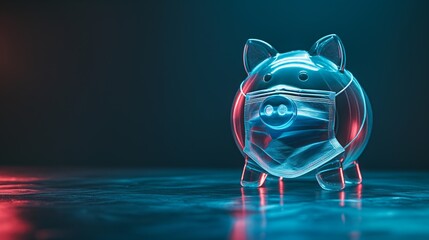 piggy bank wearing a face mask illuminated in neon light, concept of financial health and pandemic i