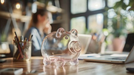 Transparent piggy bank on a wooden table in a modern office setting, focusing on financial savings and budget management; concept of personal finance and investment saving