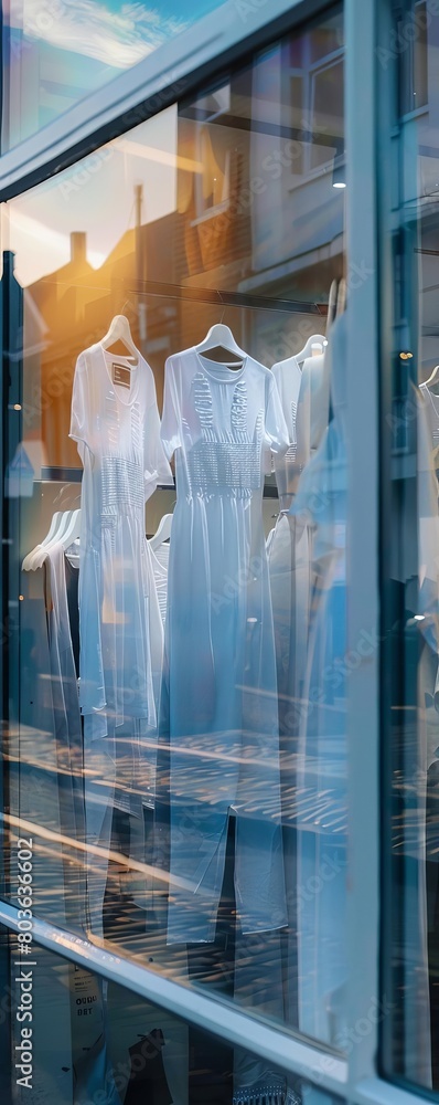 Imagine a high street window display featuring sustainable fashion ...