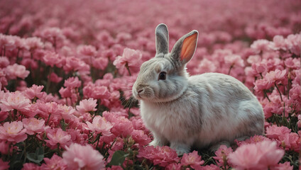 brown rabbit is sitting in a field of pink flowers. The rabbit is looking at the camera.