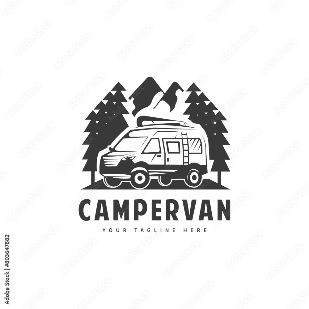 Recreational vehicle with tree and mountain illustration for Camper van ...