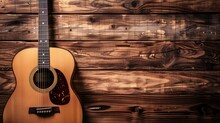 Acoustic Guitar Resting Against Wooden Background With Rich Textures