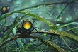 Craft a scene of a microscopic microphone cleverly camouflaged in a dewdrop on a blade of grass, merging conservation themes with spy intrigue in a photorealistic style