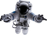 Floating astronaut holding a camera, looking at camera