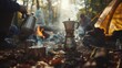 A rustic campsite morning with a group of friends brewing coffee over a campfire steam rising into the fresh