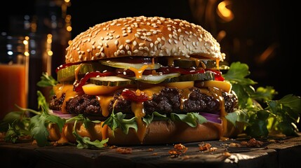 Wall Mural - hamburger full of meat and vegetables and melted mayonnaise on a wooden table and blurred background