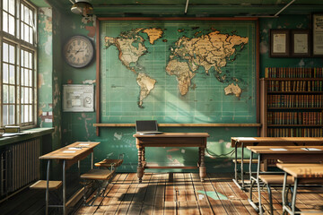 Wall Mural - interior of a classroom with map on the wall