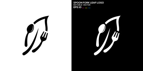 Wall Mural - Vector design template of spoon and fork combination with leaf logo, restaurant, equipment, cutlery, vegetables, diet, symbol icon EPS 10