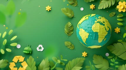 Wall Mural - Vibrant of Earth Day Concept with Globe Surrounded by Lush Green Leaves and Recycling Symbols