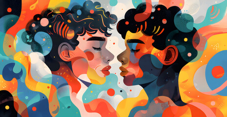 Wall Mural - Two people with their faces painted on a colorful background