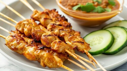 Wall Mural - a plate of chicken skewers topped with sliced cucumber and served with chopsticks