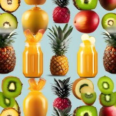Canvas Print - Collection of juice splashes made from fruits like pineapple, mango, and kiwi5