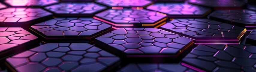 Hexagon tile crafted from black anthracite tiles and purple light, best for futuristic background banner.